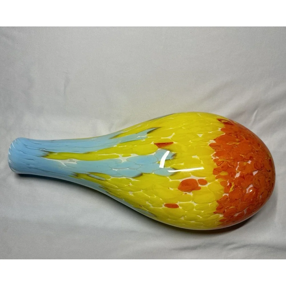 MCM Large Vintage Italian Art Glass Vase blue Yellow Orange Fire & Water flame‎